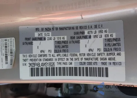 2022 Mazda Mazda3 Select из США, поврежденный, VIN 3MZBPABL4NM318626